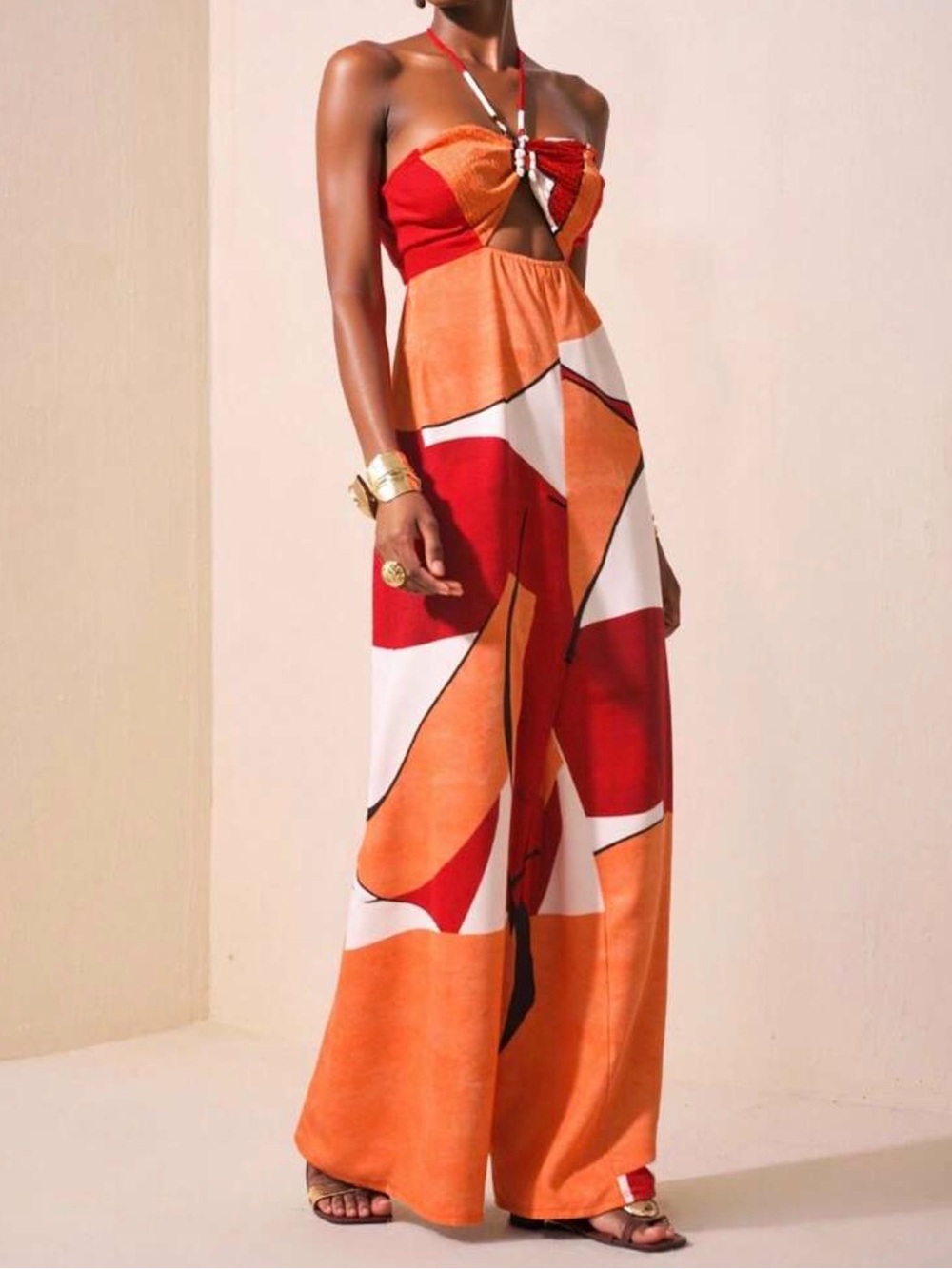 Bold Orange & Red Halter Wide-Leg Jumpsuit